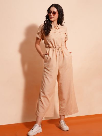 Globus Women Beige Shirt Collar Waist Tie-Ups Cargo Style Wide Leg Casual Jumpsuit