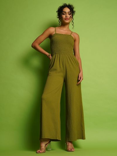 Globus Women Green Self Design Square Neck Strappy Shoulder Smocked Long Jumpsuit