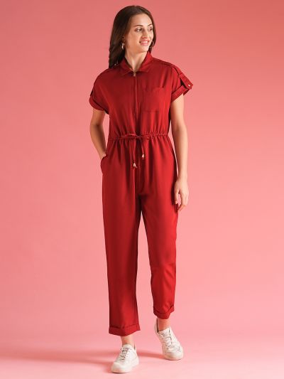 Globus Women Maroon Streetwear Fashion Boiler Jumpsuit