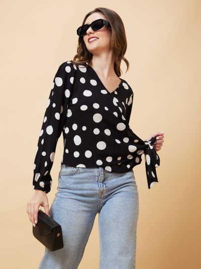 Globus Women Black Polka Dots Print Side Tie-Up Wrap Top