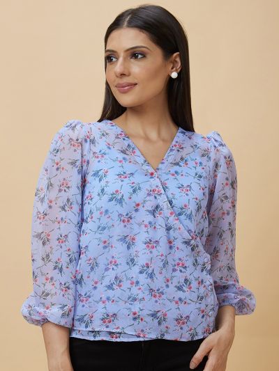 Globus Women Blue Floral Print Casual Wrap Top