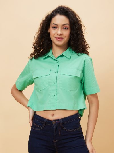 Globus Women Green Solid Casual Shirt Style Top