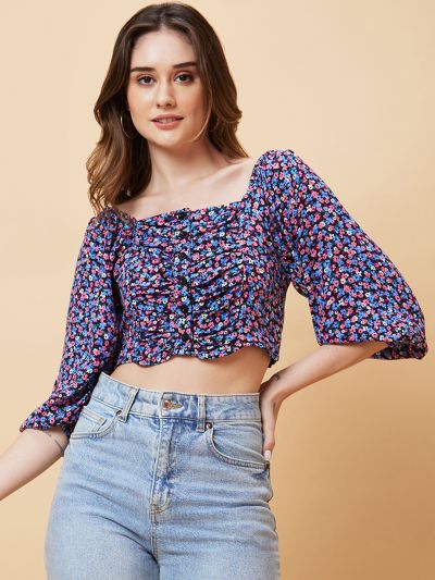 Globus Women Black Ditsy Floral Crop Top