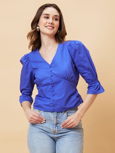 Globus Women Blue Solid V-Neck Crop Top