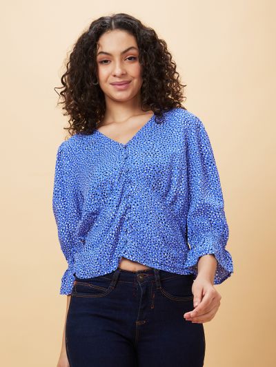 Globus Women Blue Printed V-Neck Casual Top