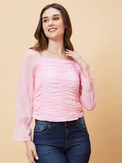 Globus Women Pink Printed Ruched Dobby Top