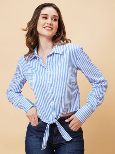 Globus Women Blue Striped Shirt Style Top