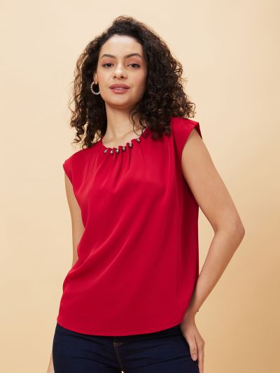 Globus Women Maroon Gathered & Pleated Stylish Neck Top