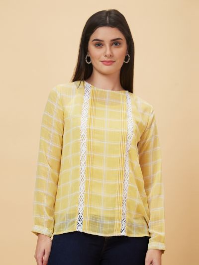 Globus Women Yellow Checked Round Neck Casual Top