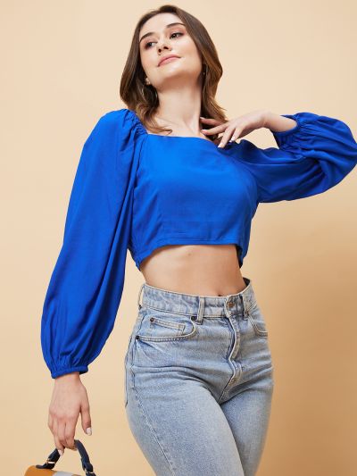 Globus Women Solid Royal Blue Balloon Sleeve Crop Top