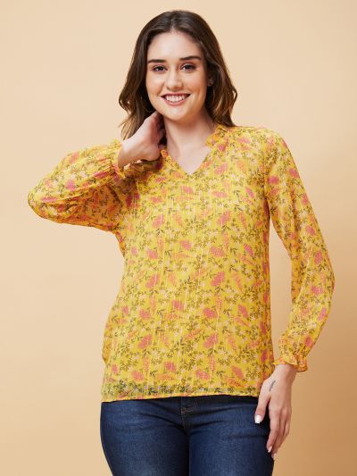 Globus Women Yellow Floral Printed Ruffle Collar Top