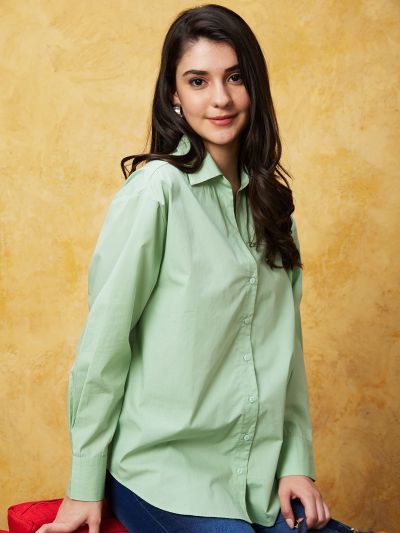 Globus Women Green Solid Long Sleeves Shirt Style Top