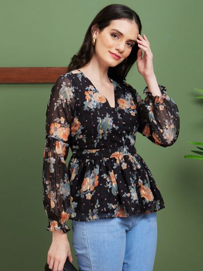 Globus Women Black Floral Print Polyester V-Neck Casual Peplum Top