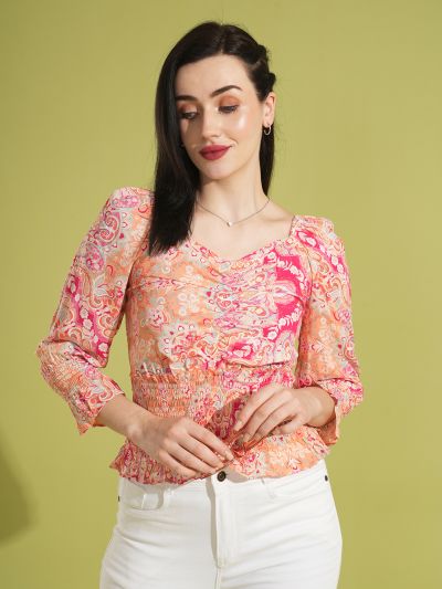 Globus Women Pink Paisley & Floral Printed Sweetheart Neck Raglan Sleeves Cinched Waist Workwear Top