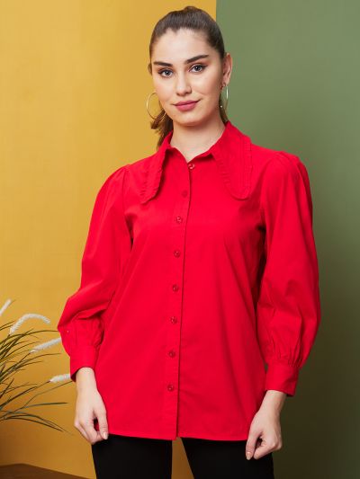 Globus Women Red Frill Collar Cuffed Sleeve Shirt Style Top 