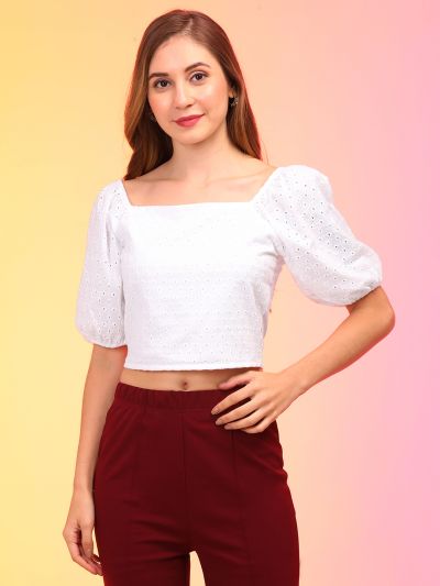 Globus Women White Schiffli Puff Sleeve Crop Top