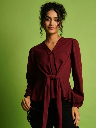 Globus Women Maroon V-Neck Bishop Sleeve Crepe Tie-Up Style Workwear Peplum Top