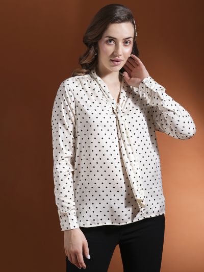 Globus Women White Polka Dots Tie-Up Neck Cuffed Sleeves Stain Work Wear Top