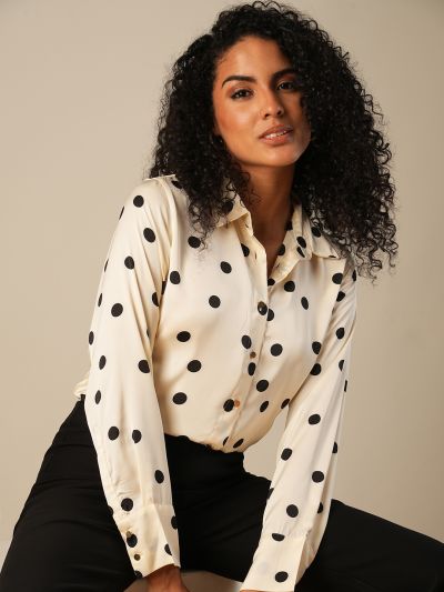 Globus Women White Cuffed Sleeves Polka Dots Satin Workwear Shirt