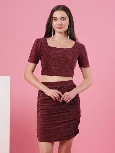 Globus Women Maroon Party Co-Ord Set With Square Neck Top & Skirt