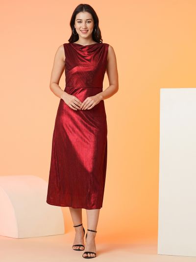 Globus Women Red Cowl Neck Side Slits Shiny A-Line Midi Party Dress