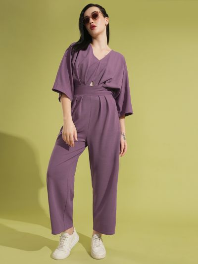 Globus Women Mauve Solid V-Neck Batwing Sleeves Cut-Out Pleated Waist Smocked Jumpsuit