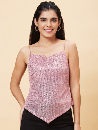 Globus Women Pink Strappy Shoulder Asymmetric Hem Sequinned Party Top