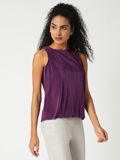 Globus Women Purple Round Neck Sleeveless Accordian Pleats Party Top