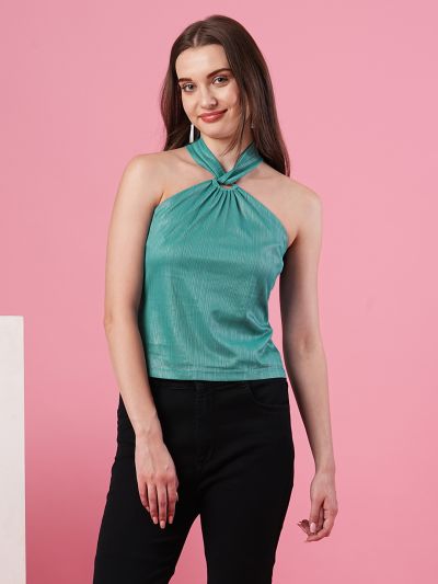 Globus Women Teal Halter Neck Party Top