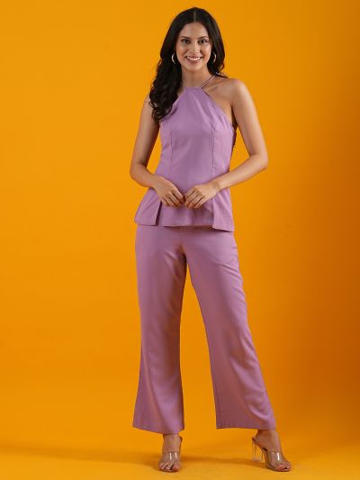 Globus Women Lavender Halter Neck Front Slits Moss Crepe Workwear Top With Trousers Co-Ord Set