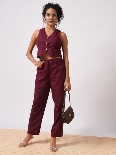 Globus Women Maroon V-Neck Front Pockets Detail Vest With Pleated Trousers Workwear Co-Ord Set