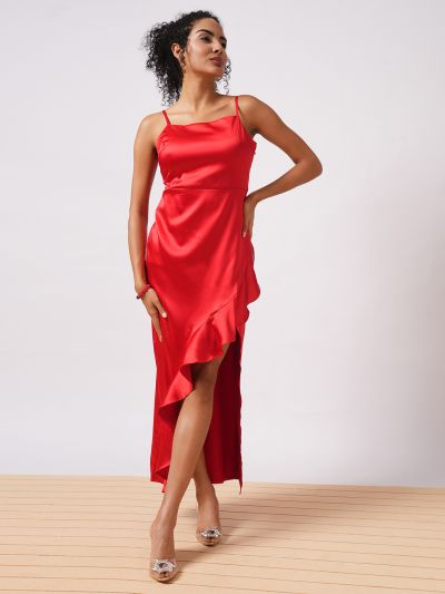 Globus Women Red Square Neck Strappy Shoulder Solid High-Low Hem Ruffles Detail Satin Maxi Bodycon Party Dress