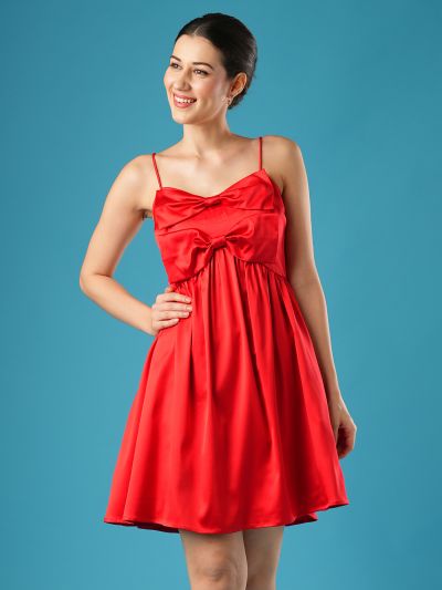 Globus Women Red Sweetheart Neck Shoulder Straps Bow Detail Gathered A-Line Party Dress