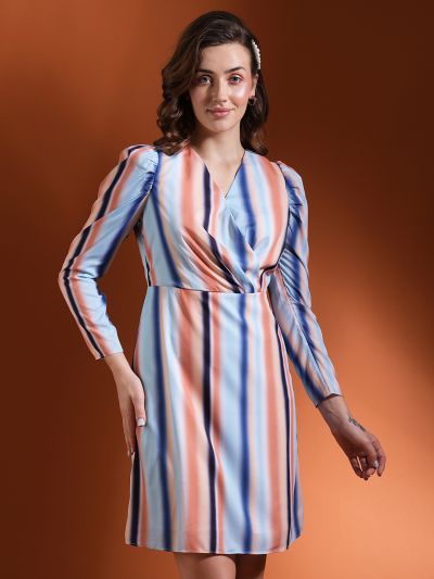 Globus Women Multi Colour Candy Striped Long Puff Sleeve Wrap Neck Sheath Workwear Dress