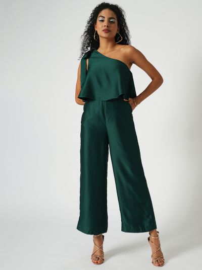 Globus Women Green One Shoulder Tie-Up Party Jumpsuit