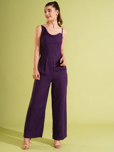 Globus Women Purple Cowl Neck Strappy Shoulder Stylised Back Long Wide Leg Party Jumpsuit.