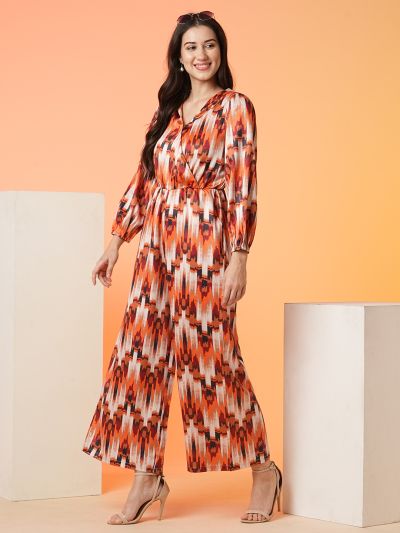 Globus Women Multi Orange V-Neck Printed Party Jumpsuit