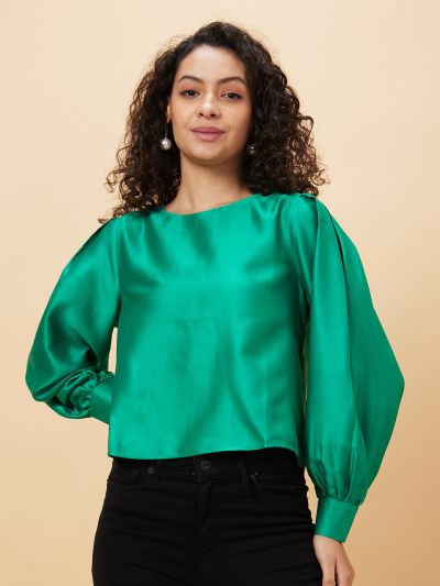 Globus Women Green Solid Round Neck Party Top