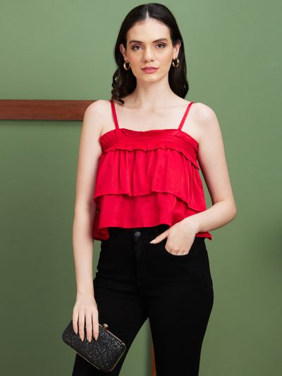 Globus Women Red Solid Polyester Shoulder Straps Party Top