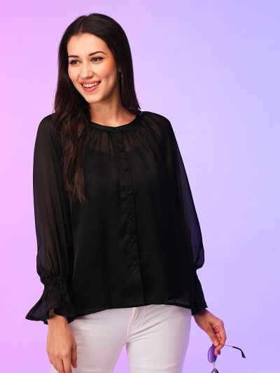 Globus Women Black Raglan Sleeve Button-Down Top