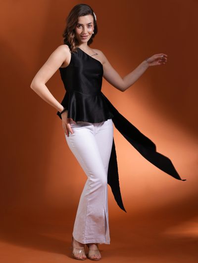 Globus Women Black One Shoulder Waist Style Satin Peplum Party Top