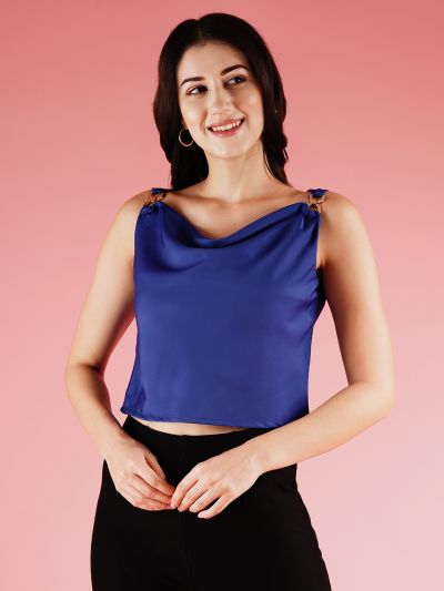 Globus Women Blue Cowl Neck Crop Party Top With Metal Buckle Strap