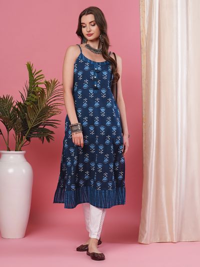 Globus Women Indigo Floral Jaipuri Print Strappy A-Line Kurta With Tassel at Buttons