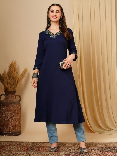 Globus Women Blue Floral Embroidered V-Neck A-Line Workwear Kurta