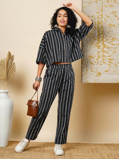 Globus Women Black Striped Floral Printed Drop Shoulder Crop Shirt & Elasticated Trousers Fusion Co-Ord Set