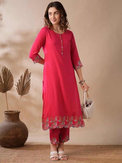 Globus Women Pink Potli Button Floral Scalloped Hem Straight Workwear Kurta & Elasticated Pants Set