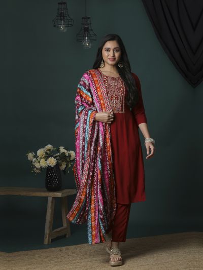 Globus Women Maroon Embroidered Yoke A-Line Kurta, Pants & Multicolor Bandhani Print Dupatta Festive Set