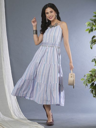 Globus Women Purple Strappy Shoulder Variegated Stripes Smocked Tiered A-Line Midi Dress With Embroidered Belt