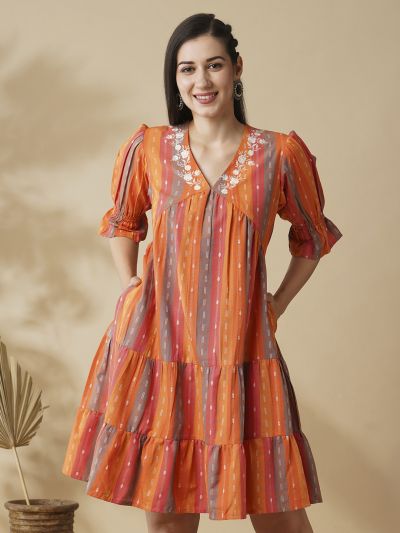 Globus Women Multi Orange V-Floral Embroidered Neck Puff Sleeve Knee Length Tiered A-Line Dress