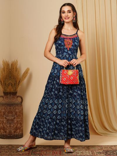 Globus Women Blue Embroidered Yoke Adjustable Strappy Sleeves Ethnic Motifs A-Line Maxi Fusion Wear